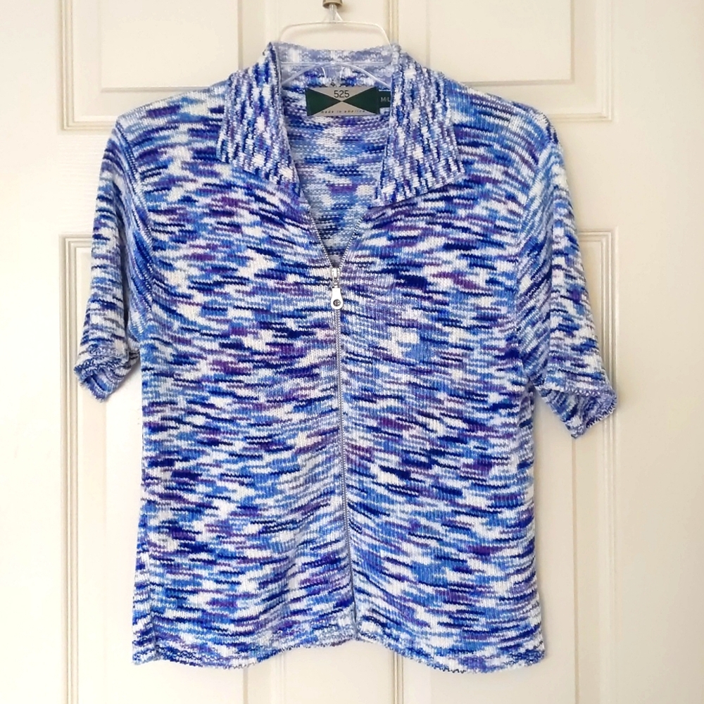 NWOT. 525 100% Rayon Short Sleeve Zip Cardigan Sweater with multi color design.